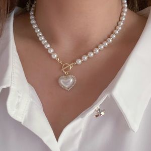 （Sold)Faux Pearl Necklace With  Heart Pendant